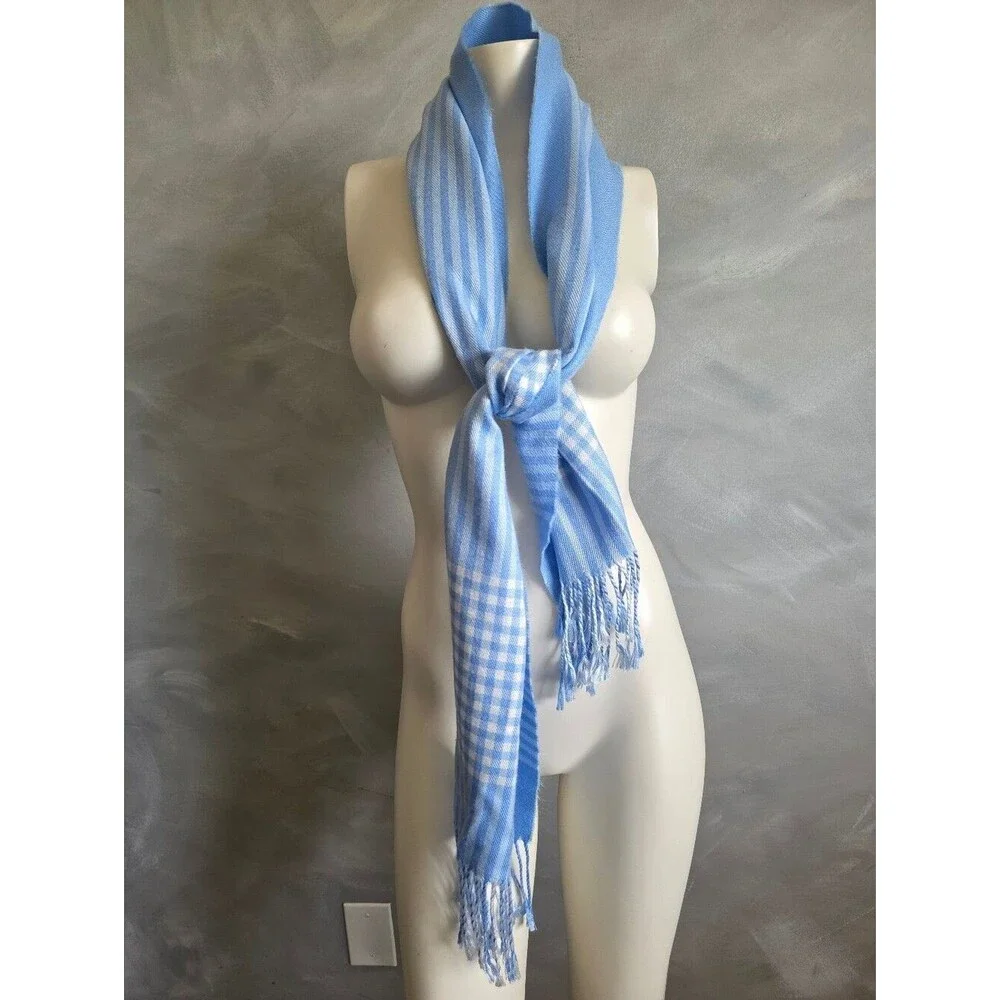 Cashmere Scarf Light Blue & White Checkered Stripe Krama 70' Including Fringe